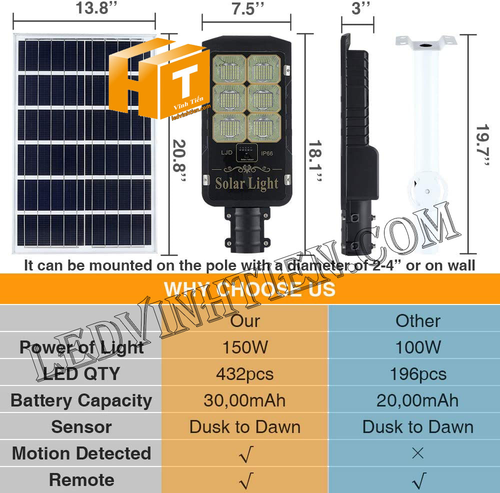 Đèn đường led năng lượng mặt trời 150W pin rời loại tốt, giá rẻ, ngoài trời, không tốn điện