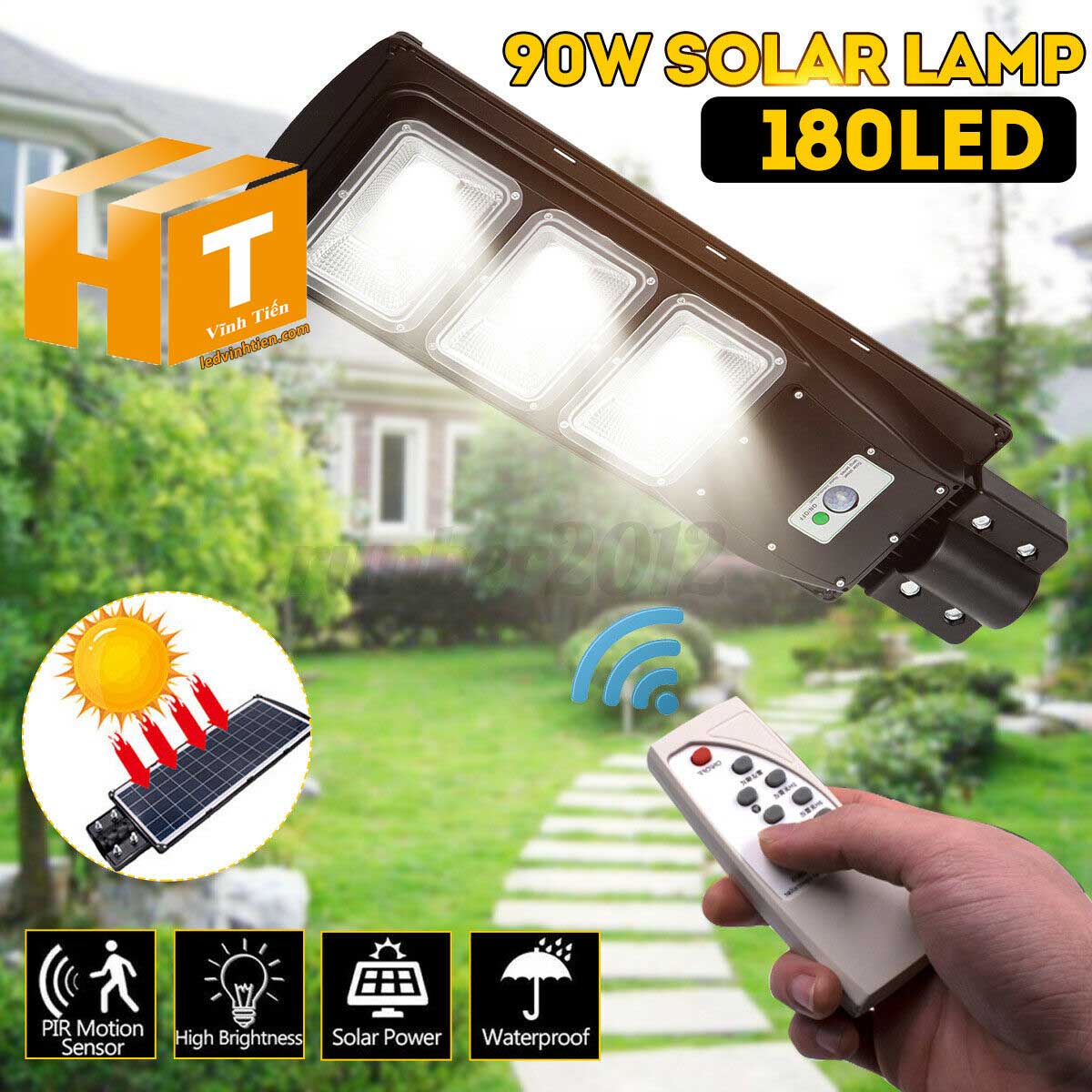 Đèn đường led năng lượng mặt trời 100W pin liền thể loại tốt, giá rẻ, ngoài trời, ánh sáng trắng, vàng pin dính liền