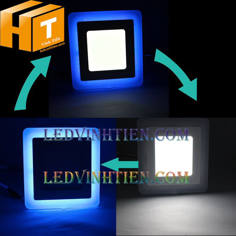 Đèn led âm trần vuông 3+3w viền xanh dương loại tốt