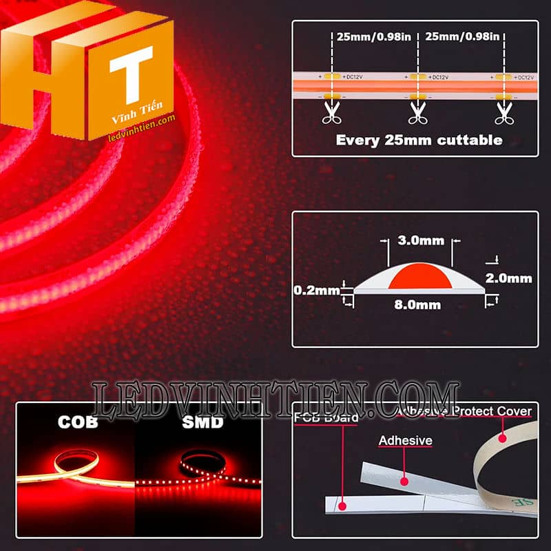 Đèn led dây COB 5m màu đỏ