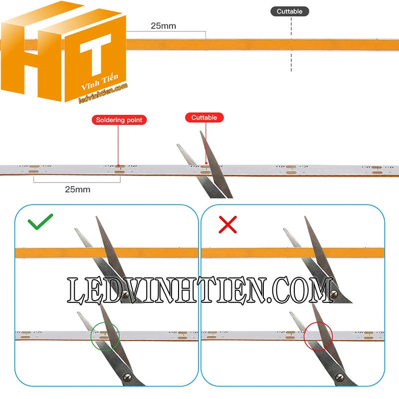 Cách cắt đèn led dây dán COB