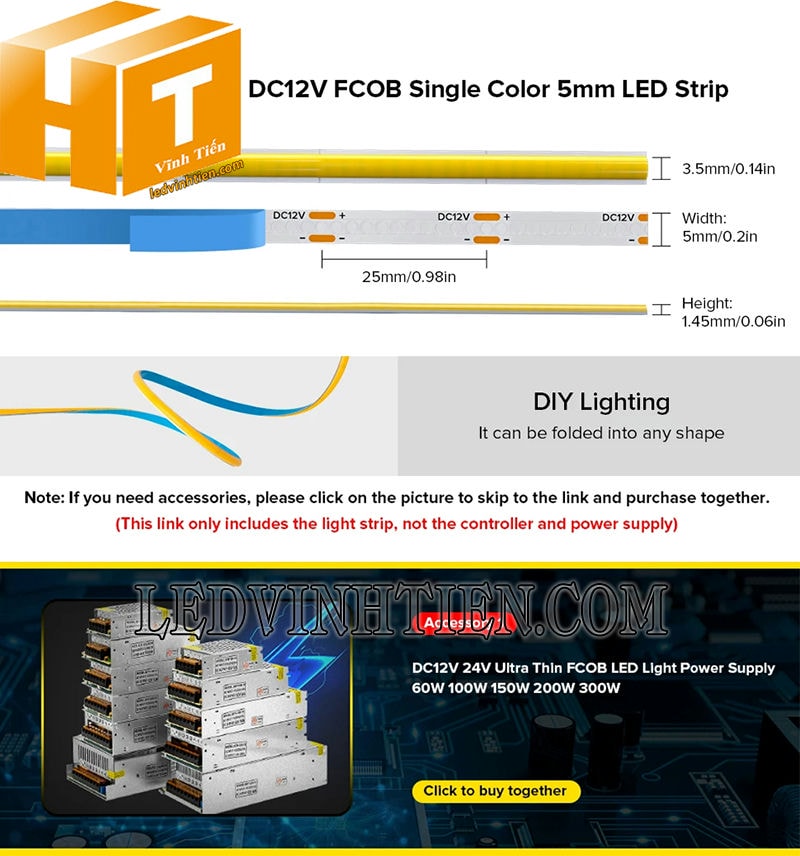 Đèn led dây COB sử dụng nguồn điện 12V DC