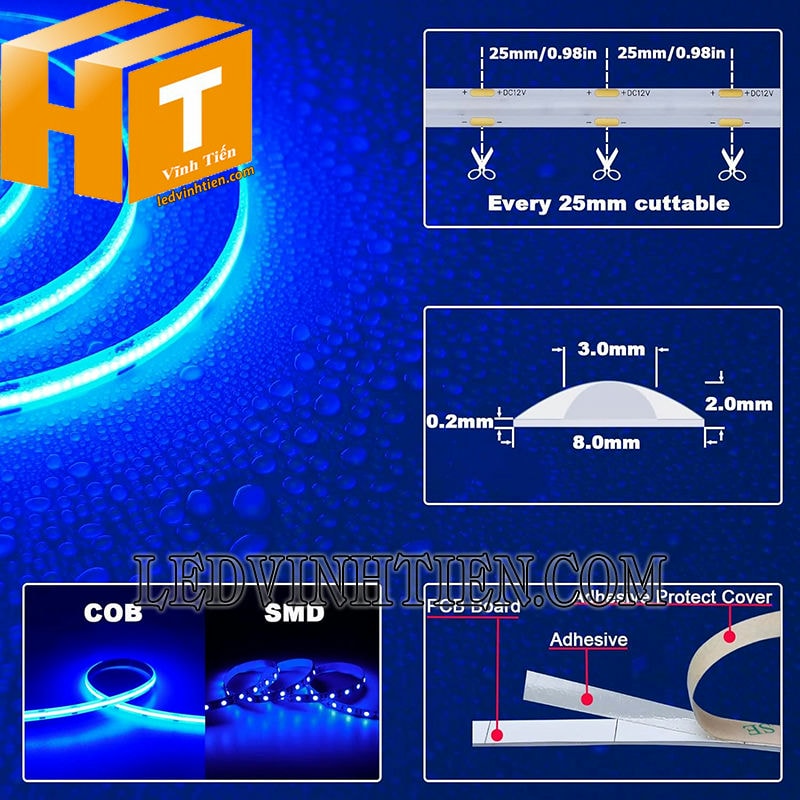 Đèn led dây COB 12V màu xanh dương