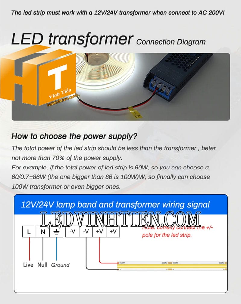 Cách nối nguồn đèn led dây COB
