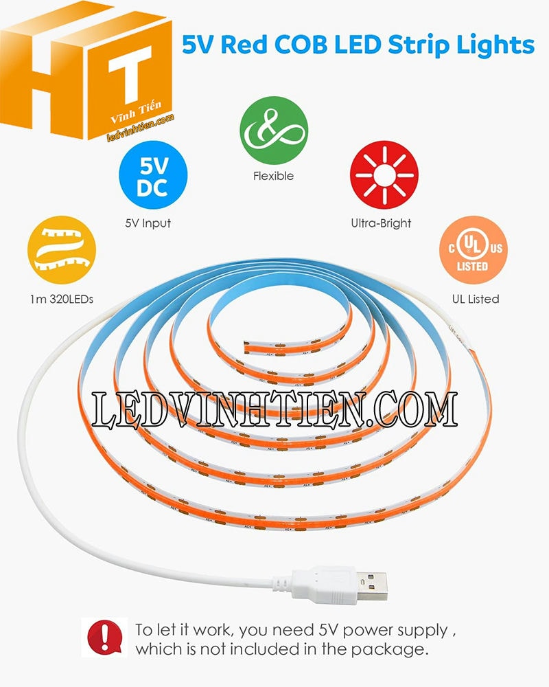Đèn led dây dán COB 5V màu đỏ