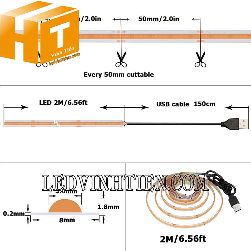 Led dây dán 5V COB màu hồng cuộn 2m