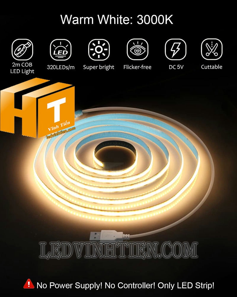 Đèn led dây 5V COB màu vàng cuộn 2m