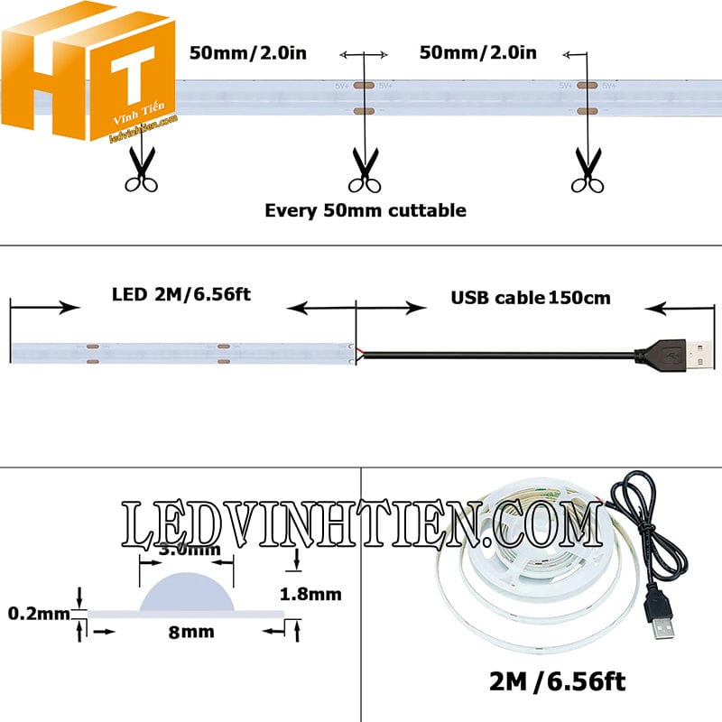 Led dây COB 5V cuộn dài 2m