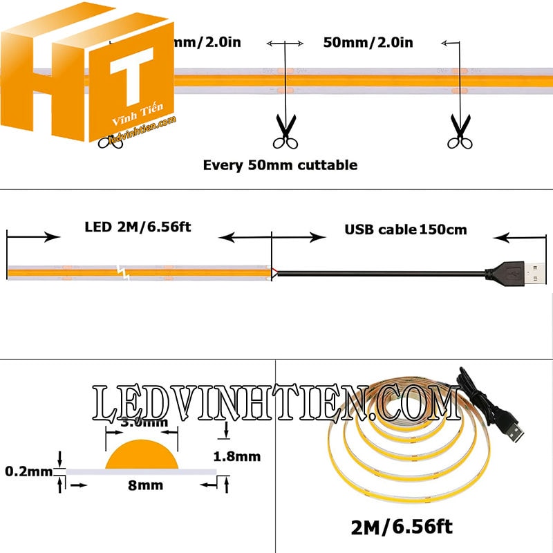 Đèn led dây 5V ánh sáng vàng đậm