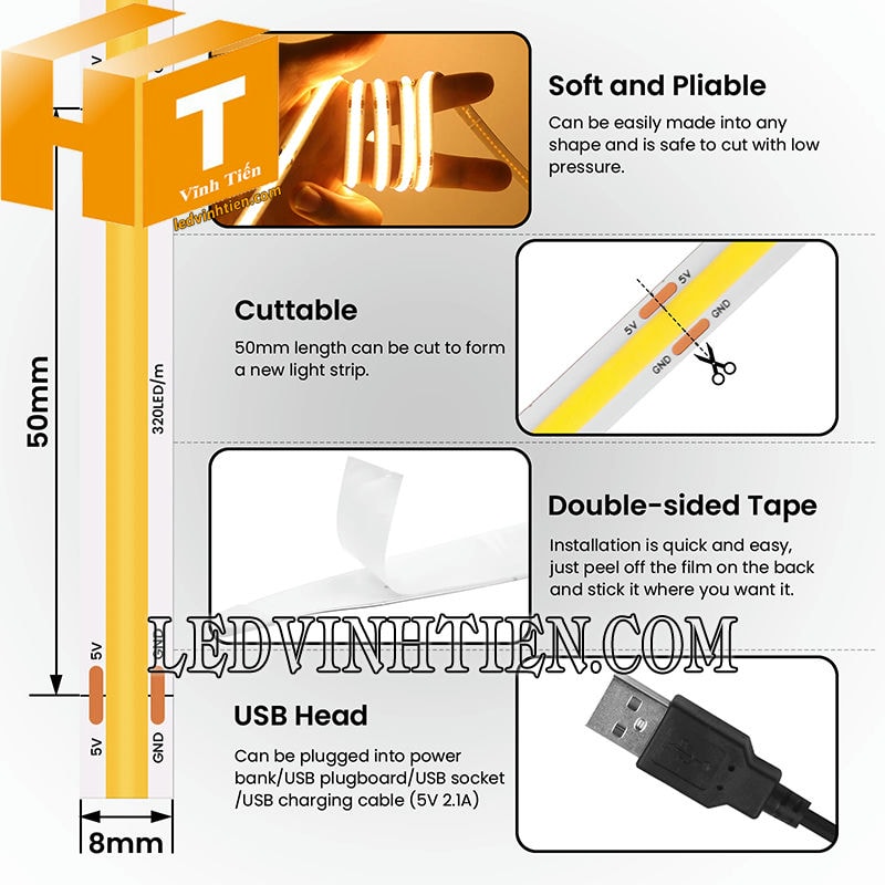 Đèn led dây dán COB dùng điện 5V