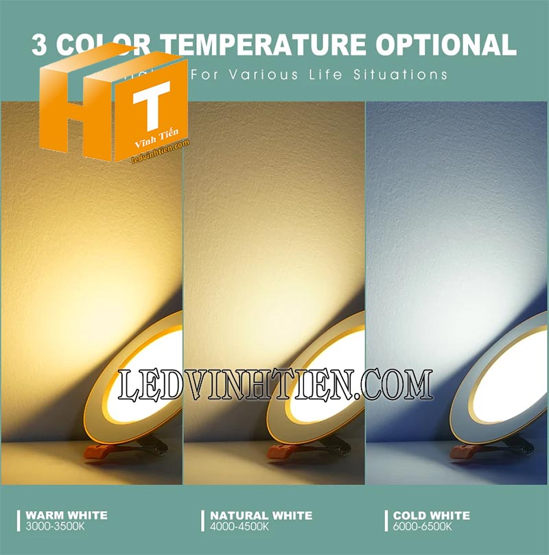 Đèn led downlight có 3 màu chính (trắng, trung tính, vàng) 