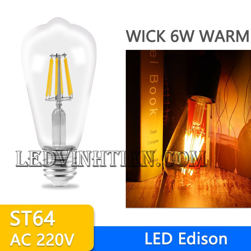 đèn edison st65 6w ánh  sáng vàng