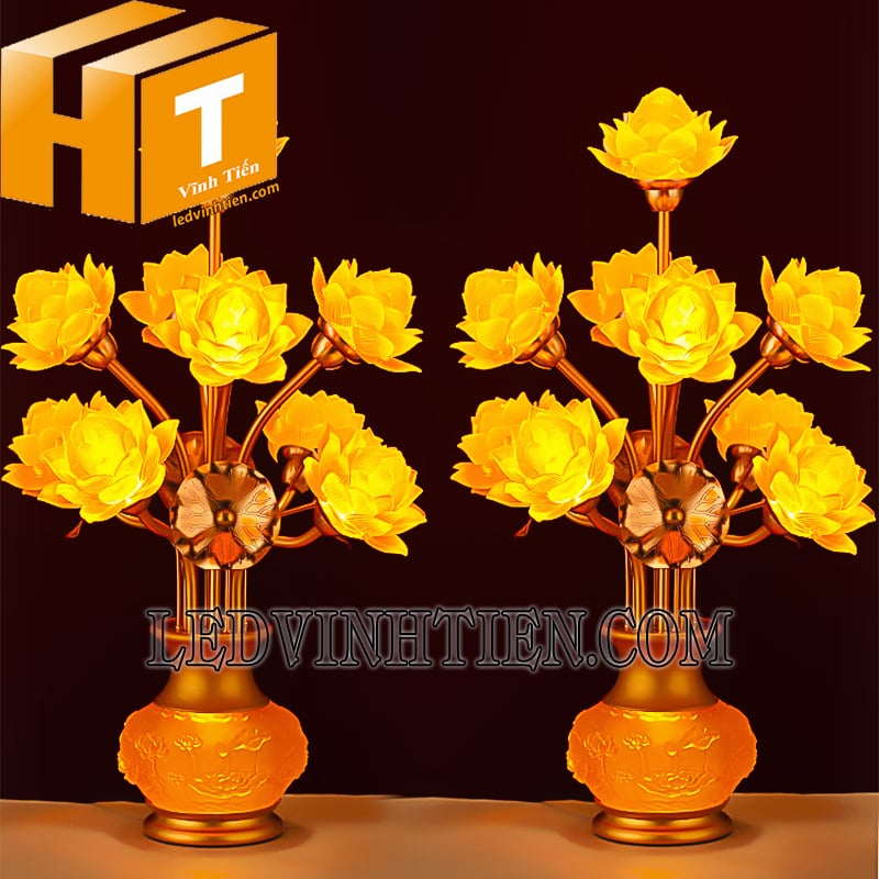 Bình đèn led hoa sen 9 bông màu vàng