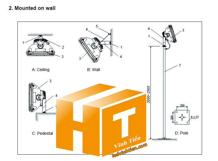 hướng dẫn cách cài đặt và đấu nối đèn pha led 150W vỏ xám, ledvinhtien.com