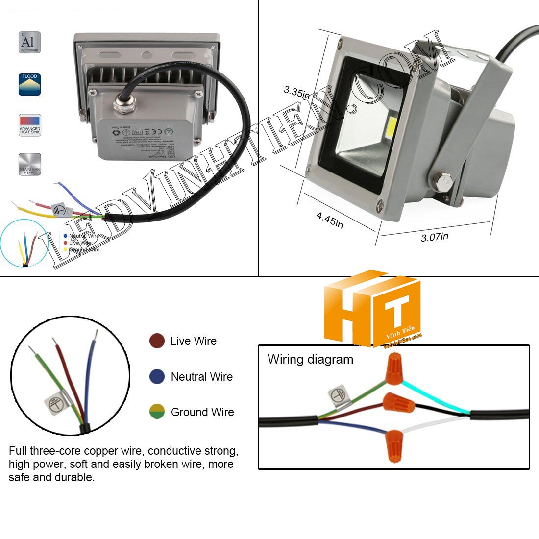 hướng dẫn cách cài đặt và đấu nối đèn pha led 20W vỏ xám, ledvinhtien.com