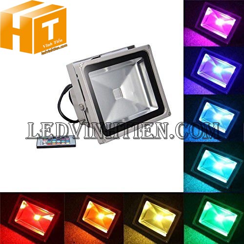 Đèn pha led 20w RGB có remote, vỏ xám loại tốt, giá rẻ, ngoài trời, có 16 màu, dùng chiếu sáng banner, bảng hiệu quảng cáo ngoài trời, ledvinhtien.com