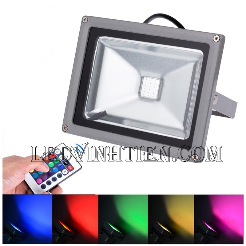 Đèn pha led 30w RGB có remote, vỏ xám loại tốt, giá rẻ, ngoài trời, có 16 màu, dùng chiếu sáng banner, bảng hiệu quảng cáo ngoài trời, ledvinhtien.com