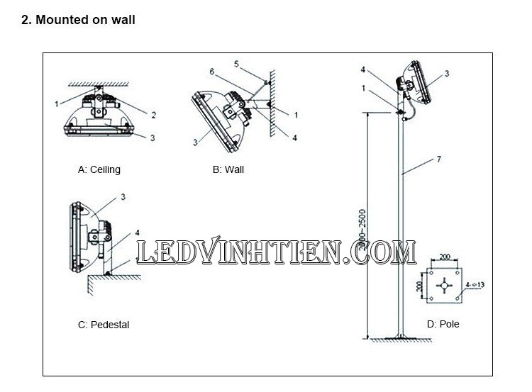 hướng dẫn cách cài đặt và đấu nối đèn pha led 500W vỏ xám, ledvinhtien.com