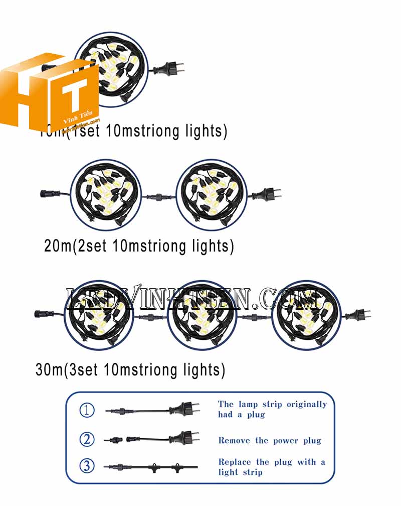 Bộ dây treo kín nước dài 10m 20 đuôi dùng ngoài trời
