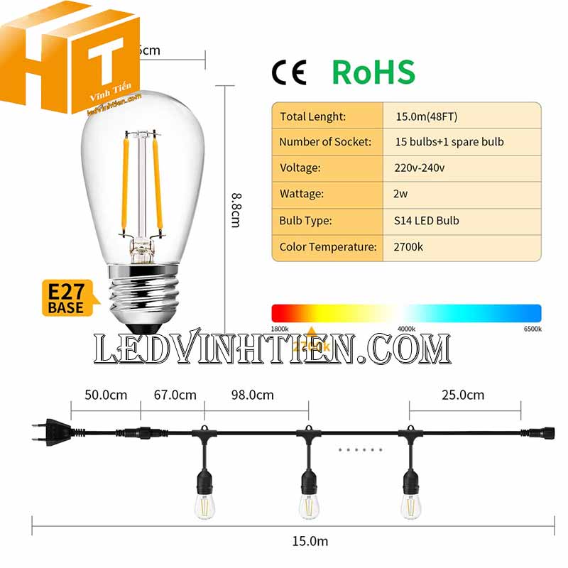 Dây Đèn Thả Ngoài Trời Chống Nước 10m 20 đui dùng ngoài trời
