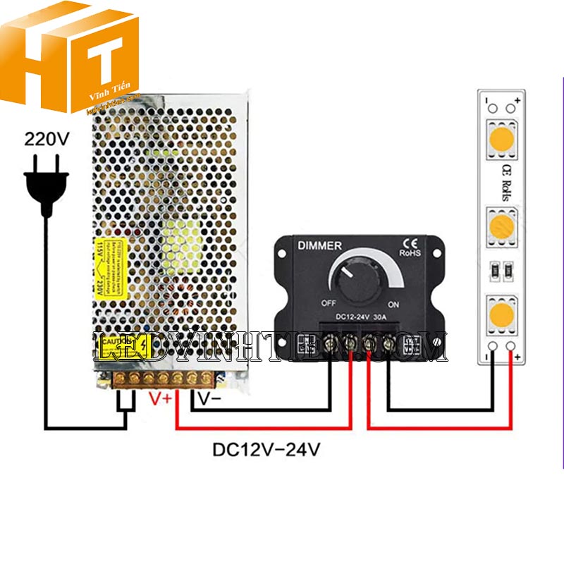 Cách đâus nối Dimmer 12V 24V Điều Chỉnh Độ Sáng Đèn 30A