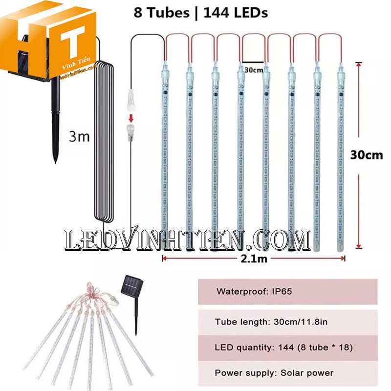 Đèn led sao băng năng lượng mặt trời chùm 8 ống giá rẻ