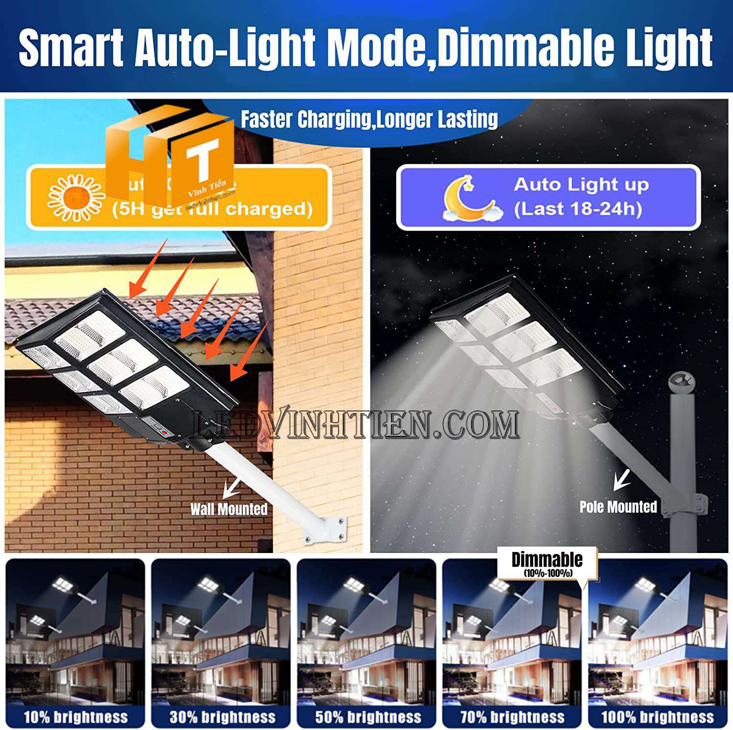 Công ty Vĩnh nhập khẩu bán sỉ đèn đường led năng lượng mặt trời 400W tấm pin liền thể, loại tốt, giá rẻ, chất lượng, ip65,66,67 chiếu sáng ngoài trời