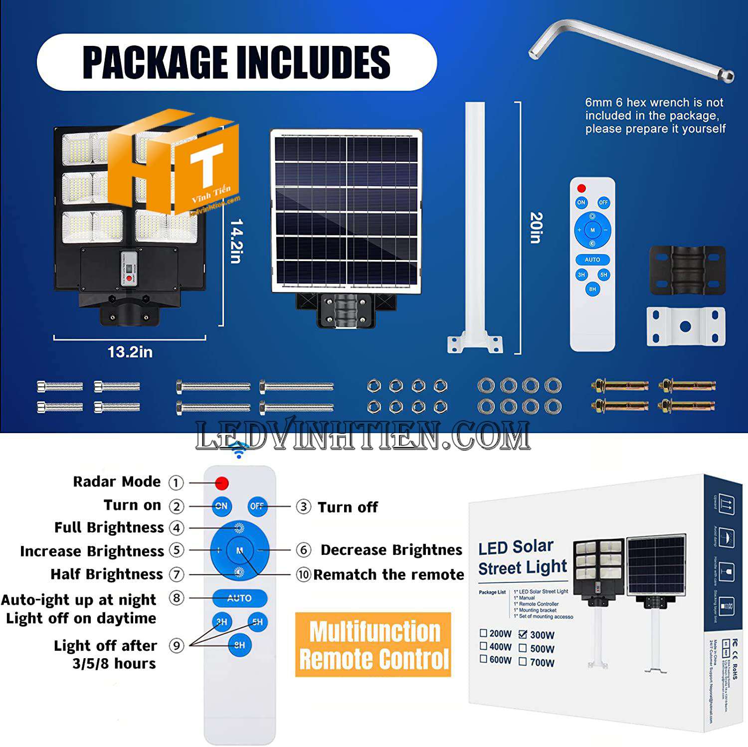 Đèn đường năng lượng mặt trời liền thể 300W 