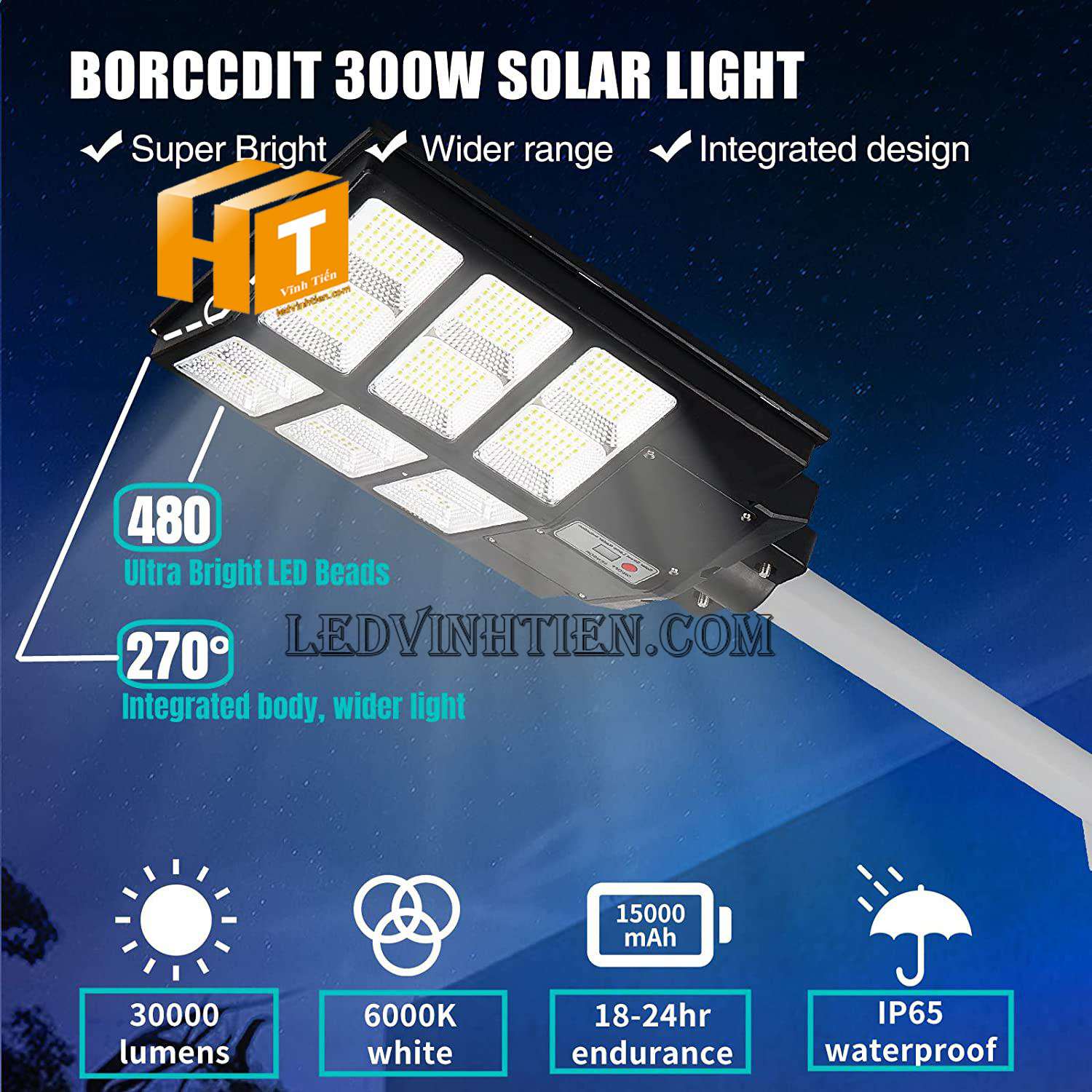 Công ty Vĩnh Tiến phân phối sỉ các loại đèn đường led năng lượng mặt trời 400W tấm pin liền thể