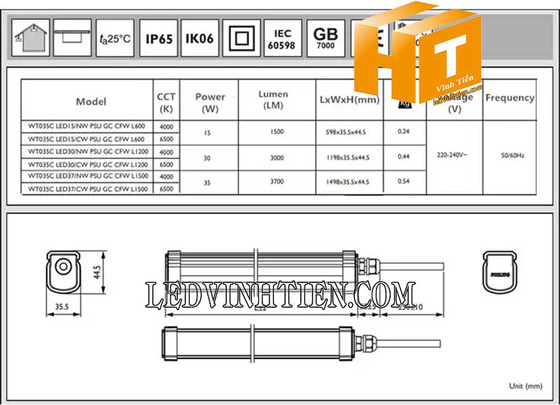 Một số mã sản phẩm và Kích thước các loại đèn chống thấm Philips