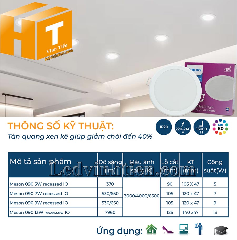 Một số quy cách đèn led downlight âm trần tròn meson 090 5W recessed IO PhilipS