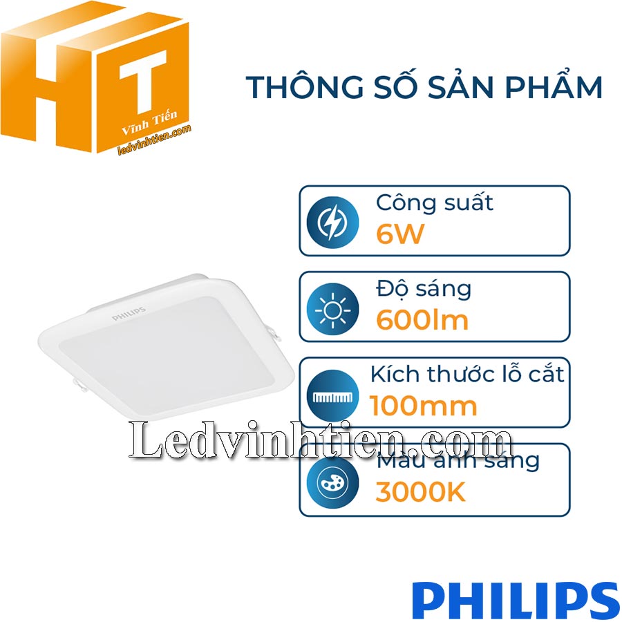 Đèn led âm trần vuông 6W DN027B G3 Led6 L100 SQ Philips ánh sáng vàng