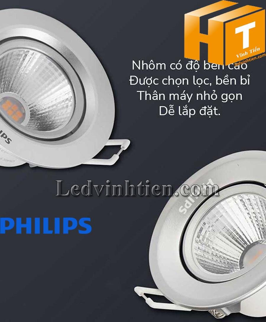 Cấu tạo chi tiết của đèn led downlight chiếu điểm Pomeron 7W đổi góc linh hoạt 2 trục PhilipS giúp dễ dàng lắp đặt