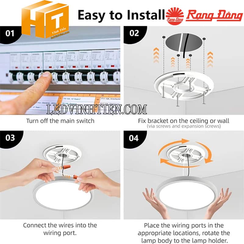 Cách lắp đặt đèn led ốp trần nổi đủ màu Rạng Đông