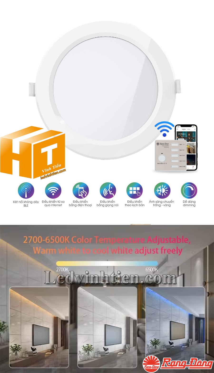 Đèn Led Panel Tròn Đổi Màu 90/7W PT04.BLE Rạng Đông dùng chiếu sáng nhà phố, phòng ngủ, phòng khách