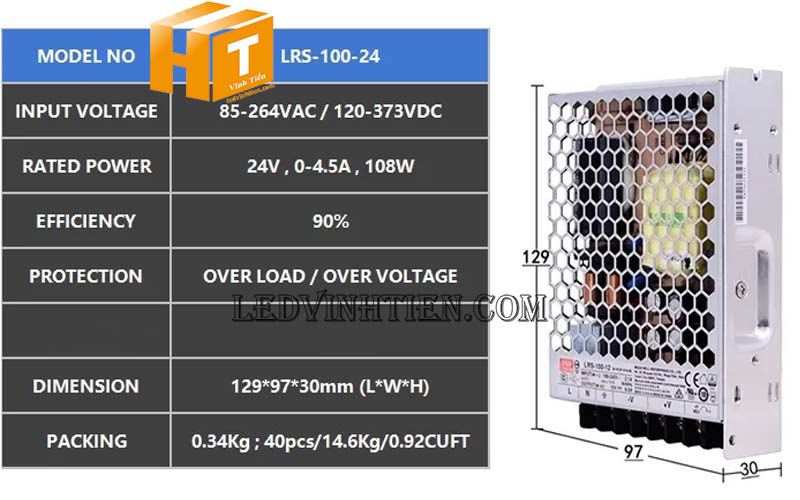 Bán nguồn xung Mean Well LRS-100-24, 24VDC 4.5A tại Phú Yên
