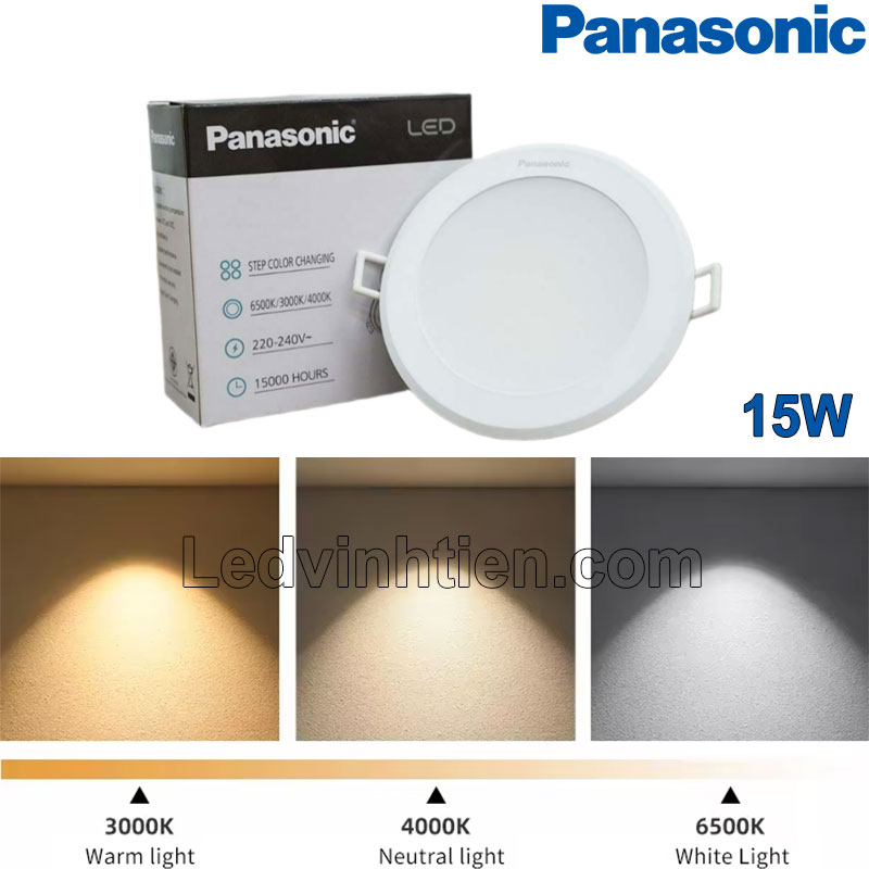 Đèn LED downlight tròn 3 màu 15W NNNC7646288 Panasonic lắp đặt trong không gian phòng khách hiện đại.