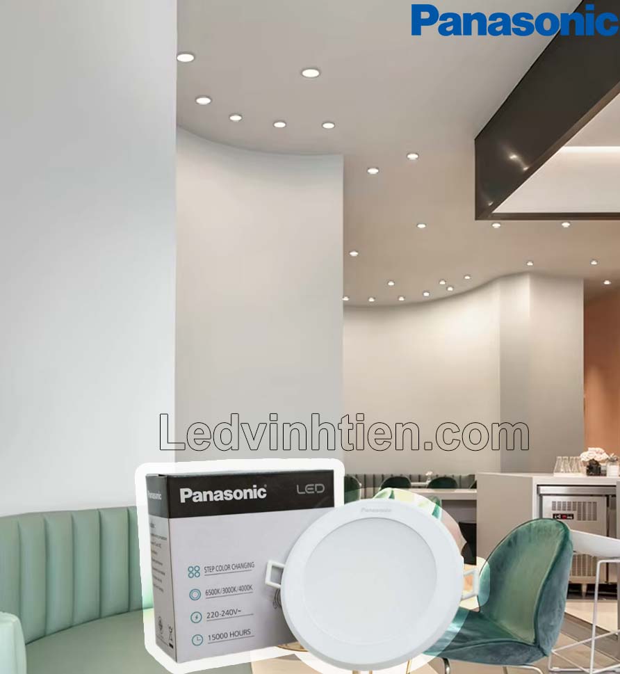 Đèn LED downlight tròn 3 màu 15W Panasonic sáng rực rỡ, tạo bầu không khí ấm áp cho quán cà phê hoặc nhà hàng.