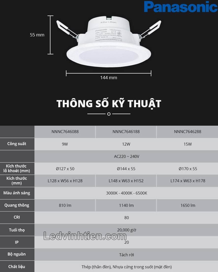 Cấu tạo, kích thước một số quy cách đèn downlight DN Series Đổi Màu Ánh Sáng