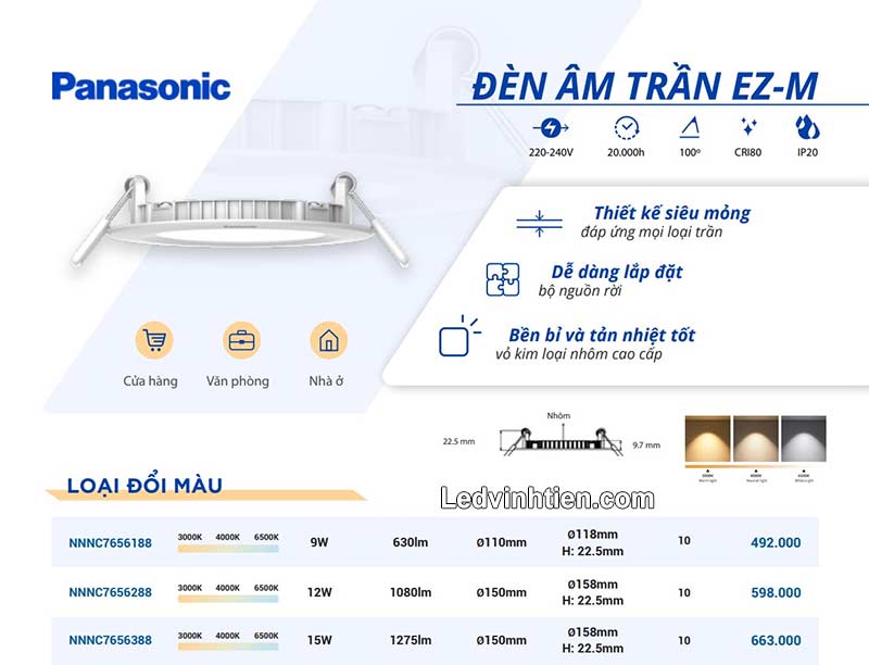 Bảng thông số và một số quy cách  đèn led âm trần EZ-M Series Panasonic thông dụng