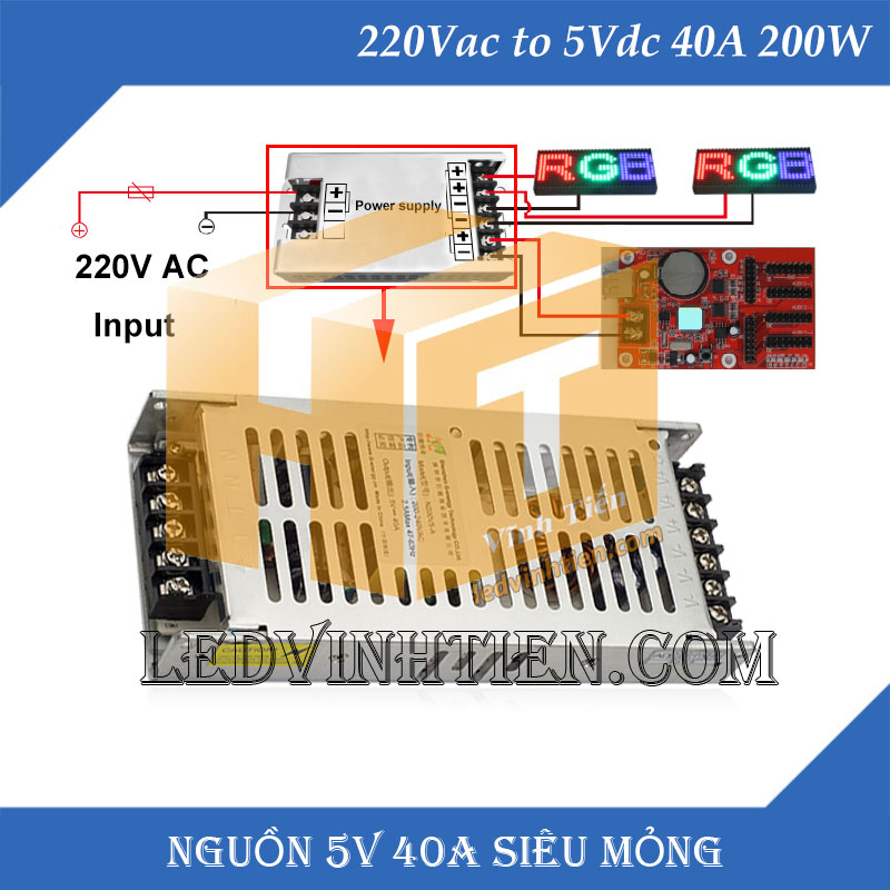 Bộ nguồn tổng, nguồn tổ ong, nguồn dc 5V 40A 200W Loại nhỏ, siêu mỏng, gọn nhẹ, không quạt, loại tốt, giá rẻ, chất lượng, đủ ampe, dùng cấp nguồn DC5V cho đèn led, camera, bơm mini, bóng led đúc f5, f8, module led ma trận, tự động hóa, ledvinhtien.com