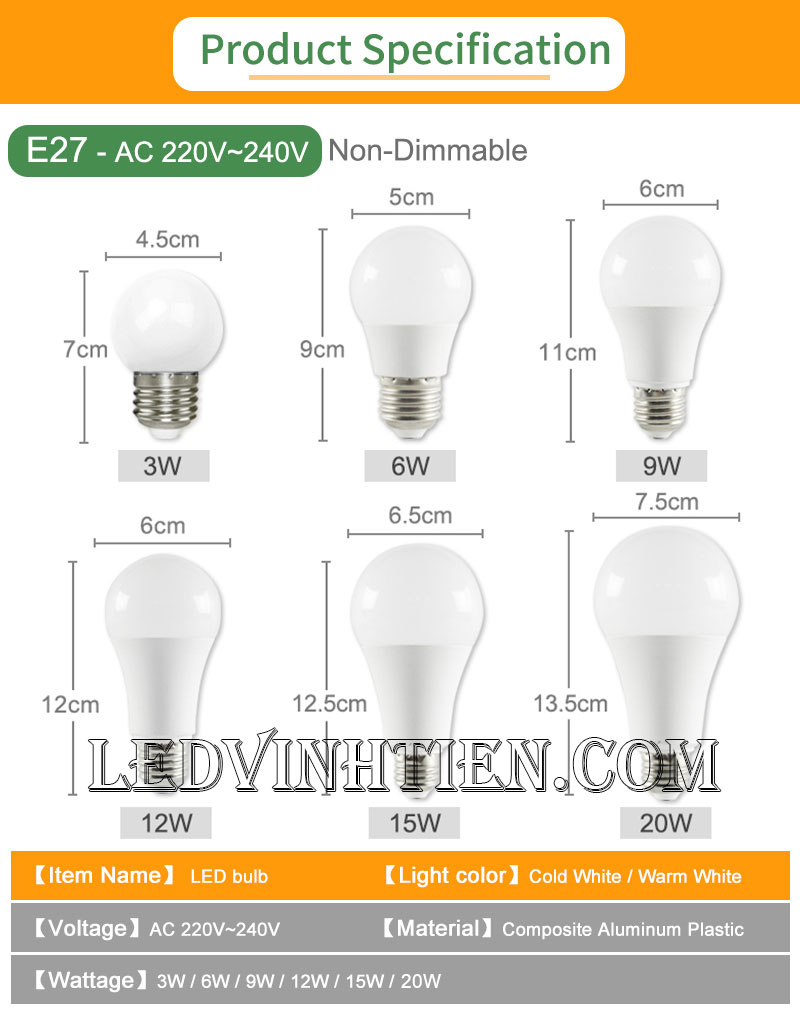 Bóng đèn led búp 7W loại tốt, giá rẻ, Ledvinhtien.com