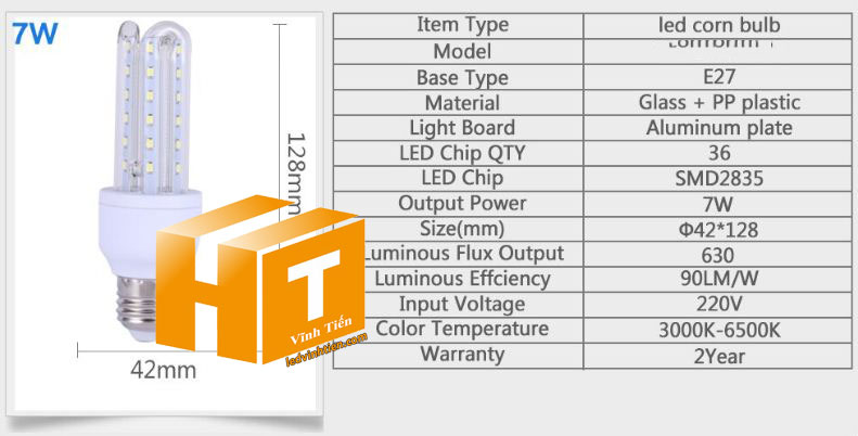 Bóng đèn led chử U 7W ánh sáng trắng, vàng loại tốt, giá rẻ, chất lượng, siêu sáng