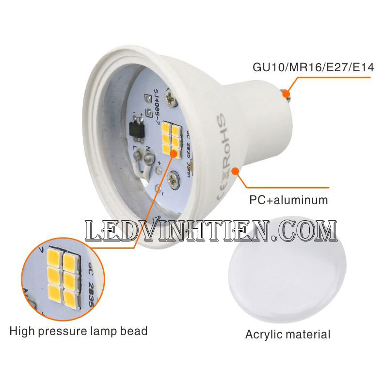 Bóng chén led 4W đui vặn MR16, GU10, GU5.3, E14, E27 loại tốt, giá rẻ, ánh sáng đẹp, chất lượng, chính hãng ledvinhtien.com