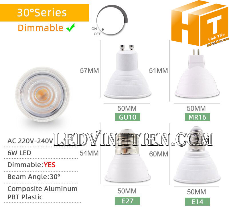 Bóng chén 7W đui MR16, GU10, GU5.3, E14, E27 loại tốt, giá rẻ, ánh sáng đẹp, chất lượng, chính hãng ledvinhtien.com