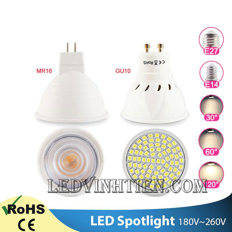 Bóng chén 7W đui MR16, GU10, GU5.3, E14, E27 loại tốt, giá rẻ, ánh sáng đẹp, chất lượng, chính hãng ledvinhtien.com