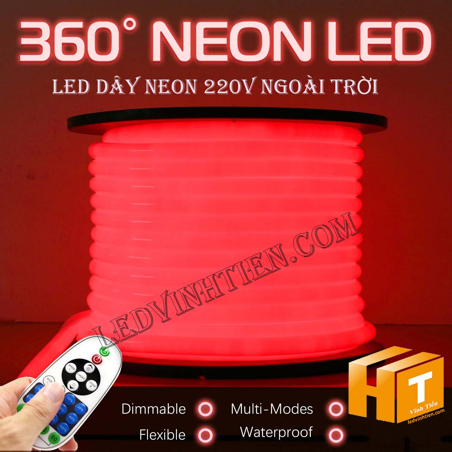 Led dây Flex Neon 220V cuộn 50m, 100m, ánh sáng màu đỏ, Led Neon Sign 220V viền trang trí,đèn decor, hắt trần thạch cao , quấn cây, trang trí cà phê, nhà hàng, khách sạn, led 2835 , led 5050 giá rẻ, loại tốt, chất lượng, dùng chiếu sáng trong nhà, ngoài trời. LED Neon Flex hiệu ứng sáng mờ, hoàn hảo. Dây mềm dễ uốn dẻo. Trang trí nội ngoại thất ưu việt. Điện áp 220V, chống mưa tiêu chuẩn IP65, 66, 67, dễ sử dụng, dể đấu nối, phân phối sỉ bởi công ty đèn led vĩnh tiến, ledvinhtien.com