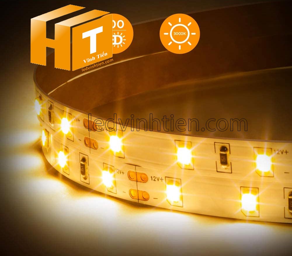 Ảnh chụp nhiều góc cạnh của đèn LED DÂY DÁN chip SMD 5050, 2835 chíp led đôi, hai hàng led ánh sáng màu vàng siêu sáng là loại led dây dán cuộn dài 5m, chạy điện 12V, dùng chiếu sáng nội thất, tủ kệ, quầy bar, bếp, hắt trần, trang trí quán cà phê, ledvinhtien.com