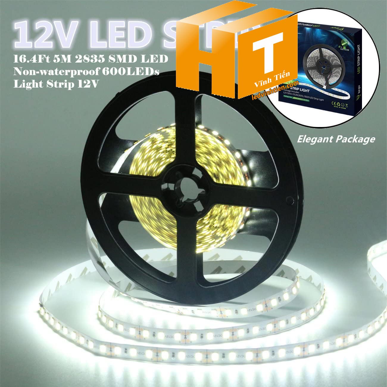 Ảnh chụp nhiều góc cạnh của đèn LED DÂY DÁN chip SMD 5050, 2835 chíp led đôi, hai hàng led ánh sáng màu vàng siêu sáng là loại led dây dán cuộn dài 5m, chạy điện 12V, dùng chiếu sáng nội thất, tủ kệ, quầy bar, bếp, hắt trần, trang trí quán cà phê, ledvinhtien.com