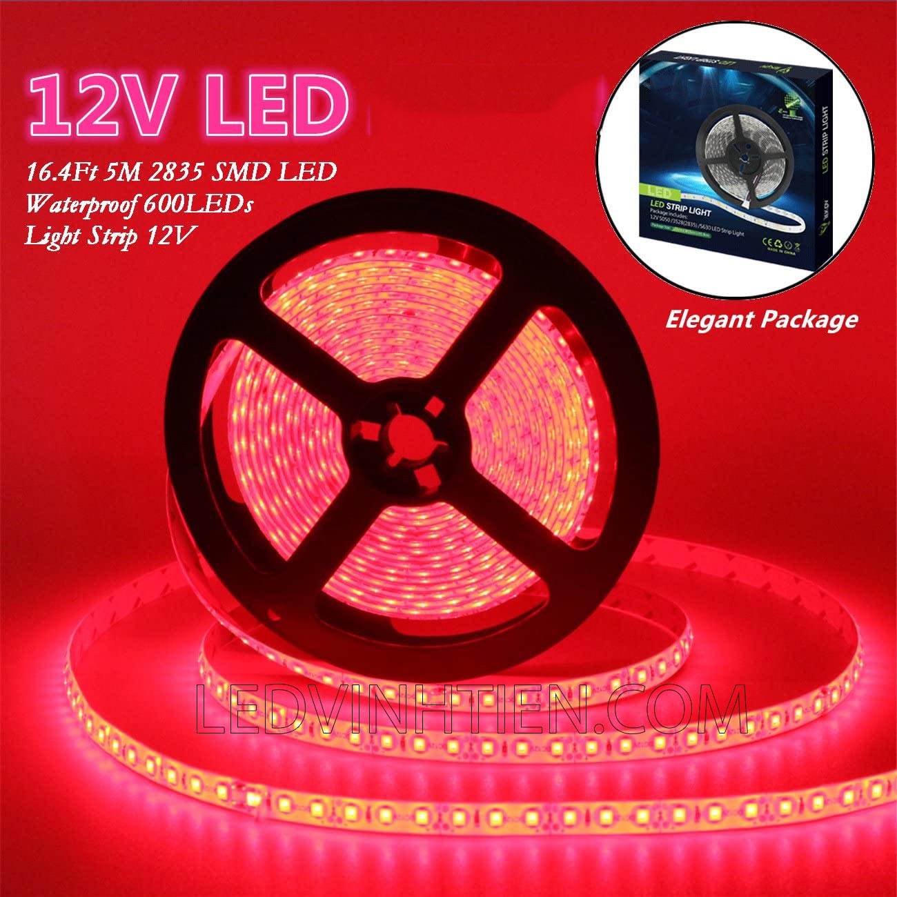 Ảnh chụp nhiều góc cạnh của đèn LED DÂY DÁN chip SMD 5050, 2835 chíp led đôi, hai hàng led ánh sáng màu vàng siêu sáng là loại led dây dán cuộn dài 5m, chạy điện 12V, dùng chiếu sáng nội thất, tủ kệ, quầy bar, bếp, hắt trần, trang trí quán cà phê, ledvinhtien.com